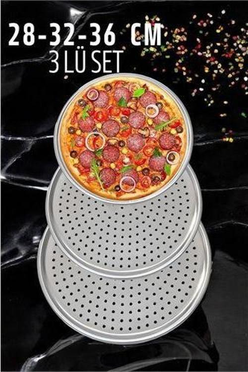 Delikli Pizza Lahmacun Tepsisi Çelik 28-32-36 CM 3'lü SET