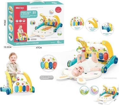 BIB6015 -Vardem Piyanolu 2 in 1 Bebek Yürüteci ve Tavşan Desenli Mavi Oyun Halısı