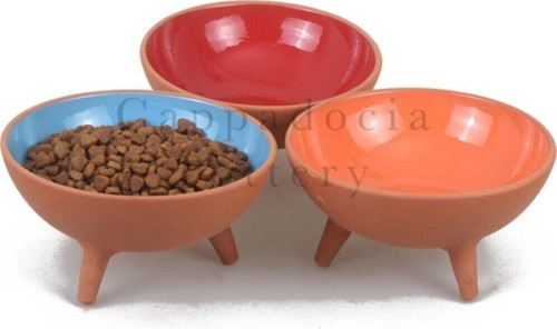 3Lü Ayaklı Sırlı Çömlek Kedi Maması Kabı Seti