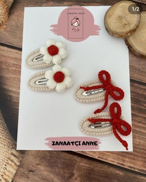 Amigurumi El Örgüsü 2'Li Papatya Ve 2'Li Fiyonk Çıt Çıtlı Toka Seti
