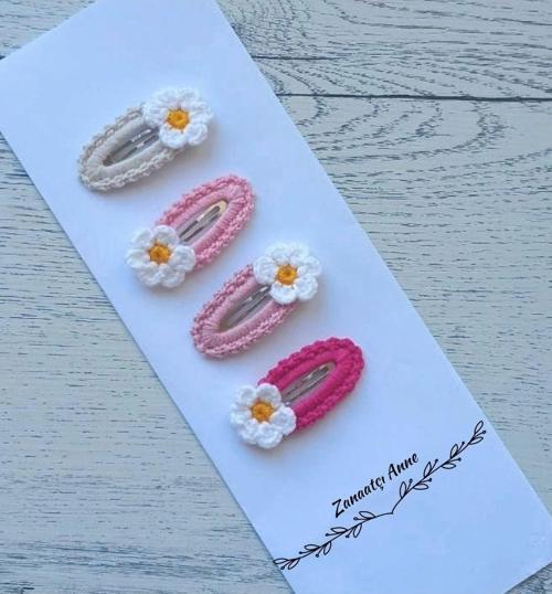 Amigurumi El Yapımı 4'Lü Renkli Papatya Çıt Çıtlı Toka Seti