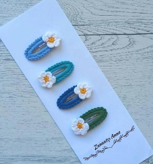 Amigurumi El Yapımı 4'Lü Renkli Papatya Çıt Çıtlı Toka Seti