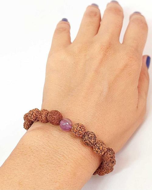 Ametist Taşlı Rudraksha Tohum Unisex Bileklik 8mm