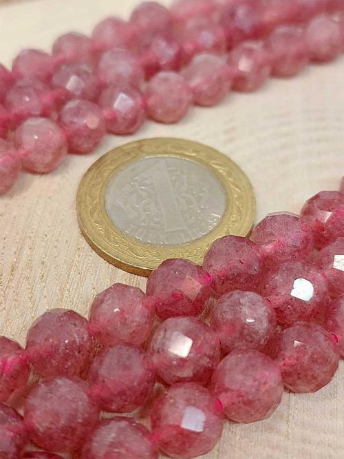 Çilek Kuvars Taşı Faset Kesim YARIM Dizi 8mm (18cm uzunluğundadır)
