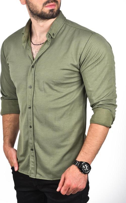 Erkek Haki Slim Fit Dar Kesim Pamuklu Spor Gömlek Jakar Kumaş Likralı Gömlek 2500552