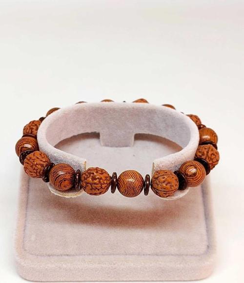 Hindistan Cevizi, Rudraksha & Venge Unisex 10mm Ahşap Tasarım Bileklik (39670)