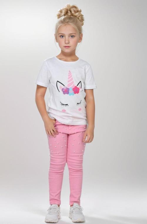 Kız Çocuk Unicorn Baskılı Tişört Boncuk İşlemeli Pembe Pantolon Alt Üst Takım