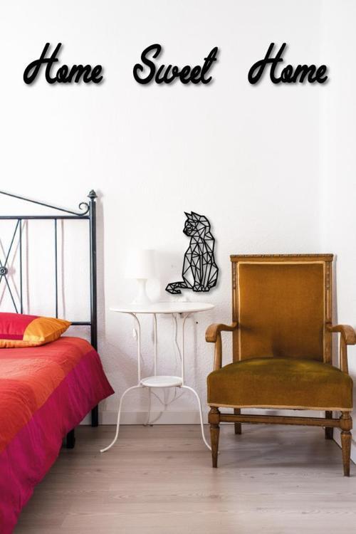 Home Sweet Home + Kedi Duvar Süsü Dekoratif Ahşap Duvar Tablosu