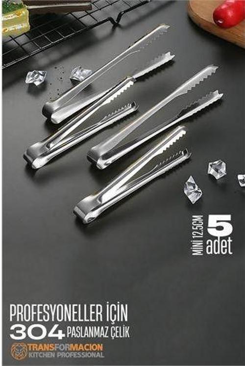 Mini 12.5 cm Buz Maşası - Şeker Limon Maşası Kokteyl Servis Maşası 5'li PAKET 304 Paslanmaz Çelik