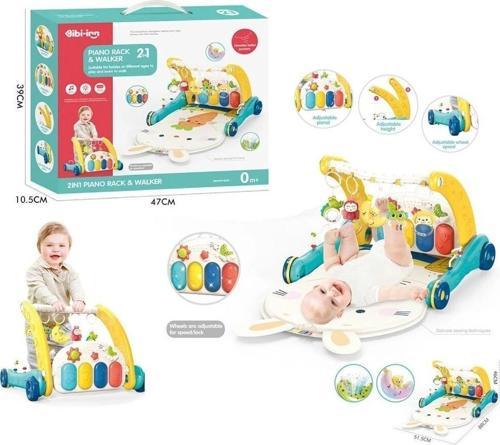 BIB6015 -Vardem Piyanolu 2 in 1 Bebek Yürüteci ve Tavşan Desenli Mavi Oyun Halısı