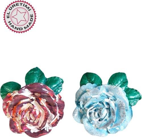 - Ayşe 7362 5735 El Yapımı Minik 2'li Mavi - Bordo Renk Gül Magnet - 6 x 7 cm