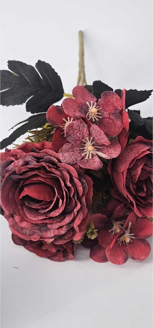 Bordo Renkli Haki Yapraklı 27 Cm Çiçek Buketi Ev Dekor Saksı Süsü