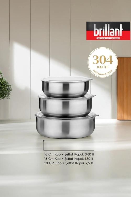 6 Parça Aldip Çelik Saklama Kabı Seti 3'lü (16-18-20 cm) - Şeffaf Kapaklı Metal Saklama Kabı
