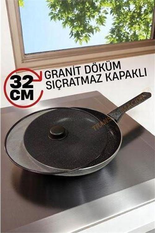 Granit Döküm Tava Yağ Sıçratmaz Kapaklı -Yapışmaz Taban 32 Cm