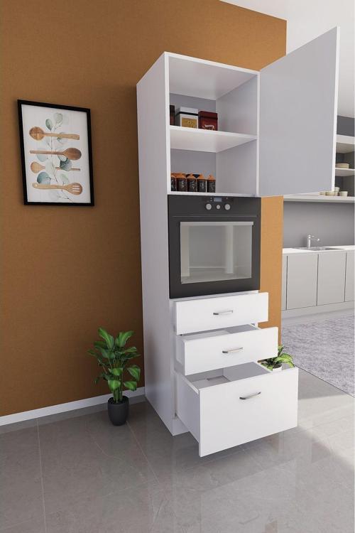 Mutfak Ankastre Fırın & Kiler Dolabı 3 Çekmeceli 60 Cm Parlak Beyaz