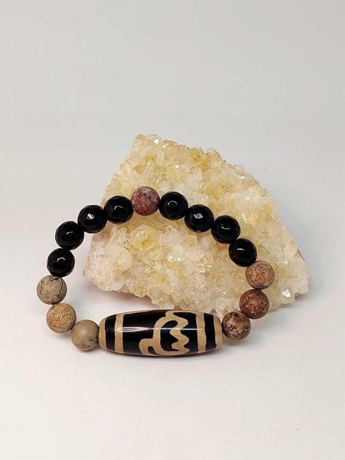 Tibet Akik, Japer & Oniks Taşlı Lotus Sembollü Unisex Bileklik 10mm
