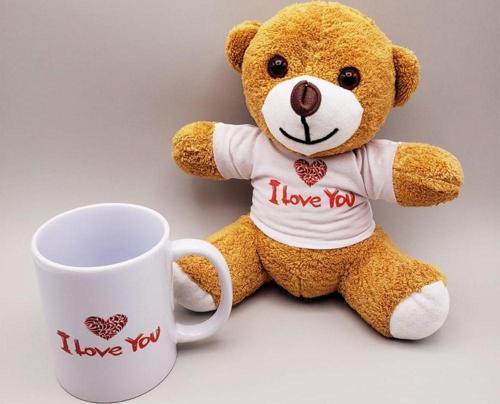 Kahverengi I Love You Tişörtlü Ayıcık ve Baskılı Kupa Seti