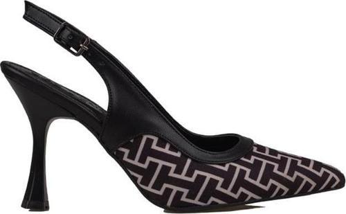 Siyah Kadın Keten Arkası Açık Kemerli Klasik Ayakkabı