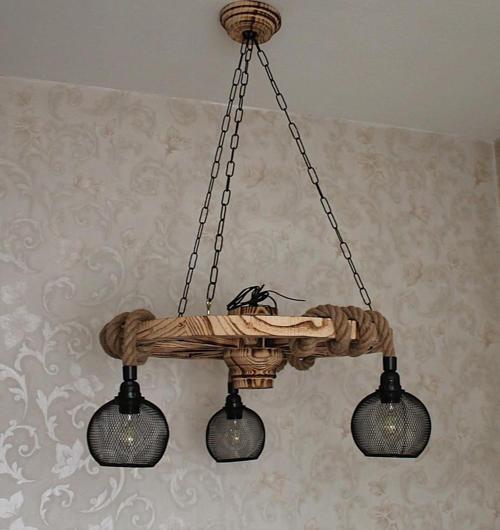 Ahşap Teker Halat Avize 60  cm. 3 Duylu Metal Başlıklı