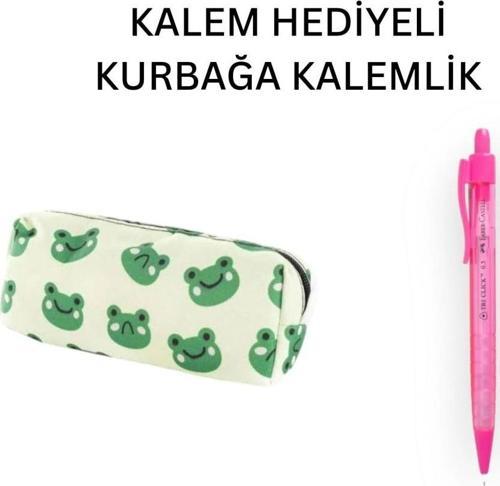 Yeşil Kurbağa Tatlı Kalemlik - Okul Kalemliği-Makyaj Çantası ve Hediye Pembe Uçlu Kalem