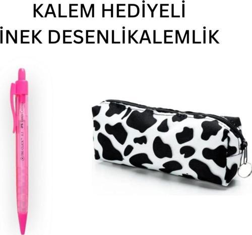 İnek Desen Kalemlik - Okul Kalemliği-Makyaj Çantası ve Hediye Pembe Uçlu Kalem