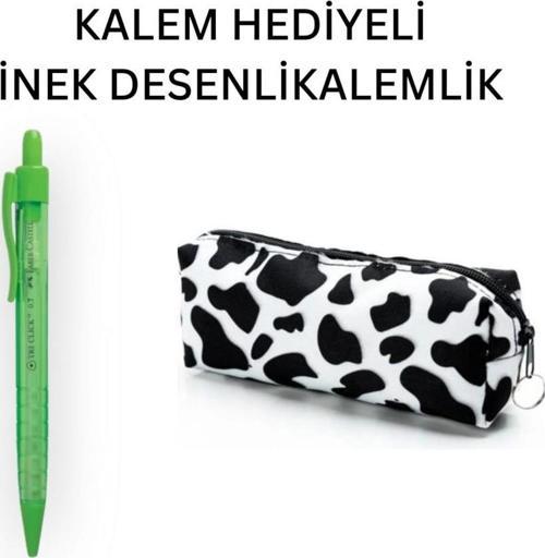 İnek Desen Kalemlik - Okul Kalemliği-Makyaj Çantası ve Yeşil Uçlu Kalem Hediyeli