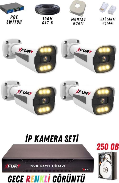 4 Kameralı Ip Güvenlik Kamerası Seti 4mp Gece Renkli Su Geçirmez 1506 250GB