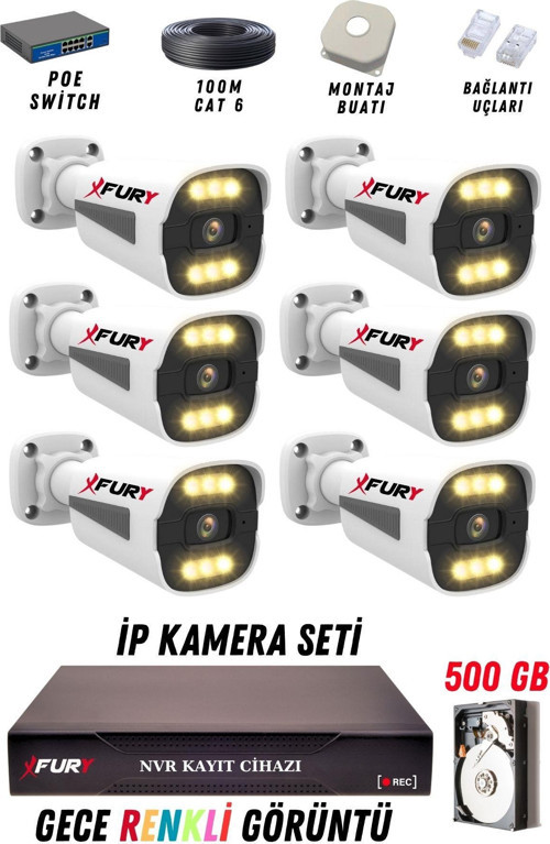 6 Kameralı Ip Güvenlik Kamerası Seti 4mp Gece Renkli Su Geçirmez 1506 500GB