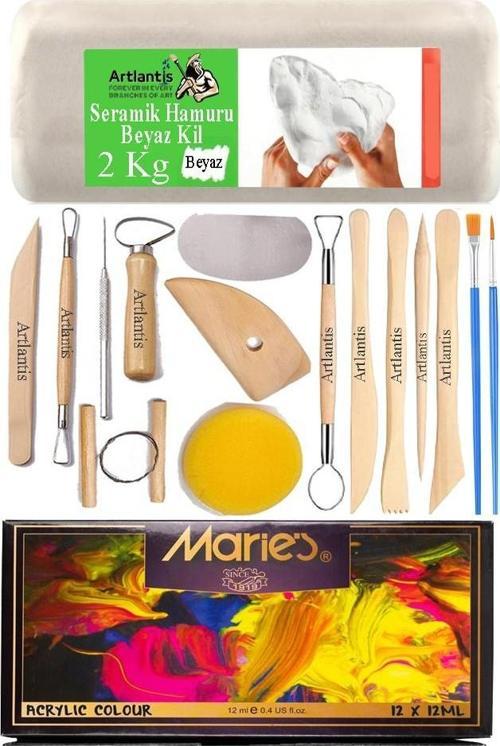 Beyaz Seramik Hamuru 2 Kg Seramik Başlangıç Seti Ebeşuar Modelleme Maries 12 Renk Akrilik Boya Fırça Heykel