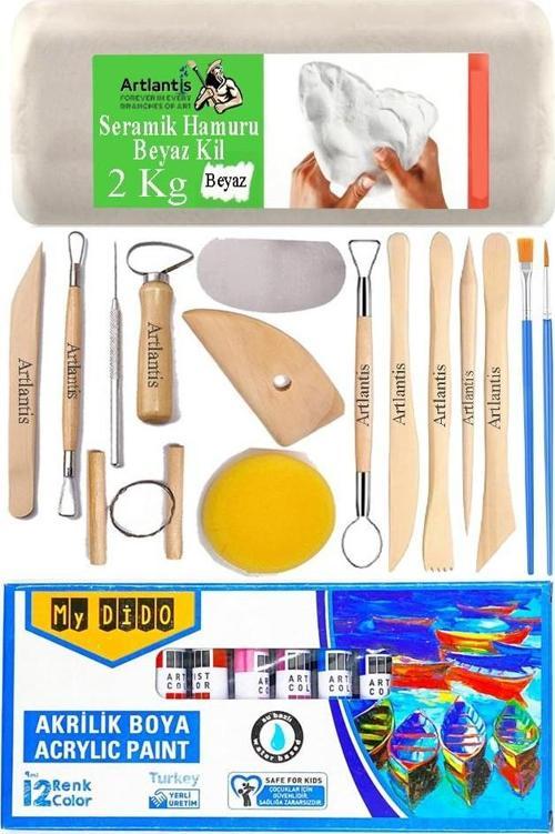 Beyaz Seramik Hamuru 2 Kg Seramik Başlangıç Seti Ebeşuar Modelleme Mydido 12 Renk Akrilik Boya Fırça 70ml Heykel