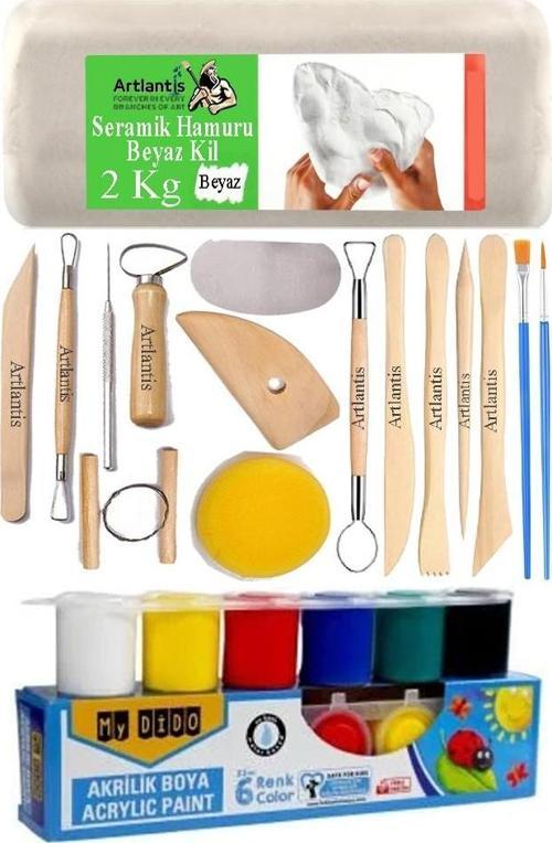 Beyaz Seramik Hamuru 2 Kg Seramik Başlangıç Seti Ebeşuar Modelleme Mydido 6 Renk Akrilik Boya Fırça Heykel