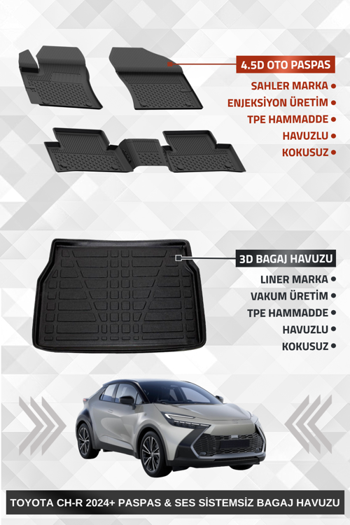 Toyota C-HR 2 2023+ Uyumlu 4.5D Premium Havuzlu Oto Paspas ve Liner Marka 3D SES SİSTEMSİZ Bagaj Havuzu