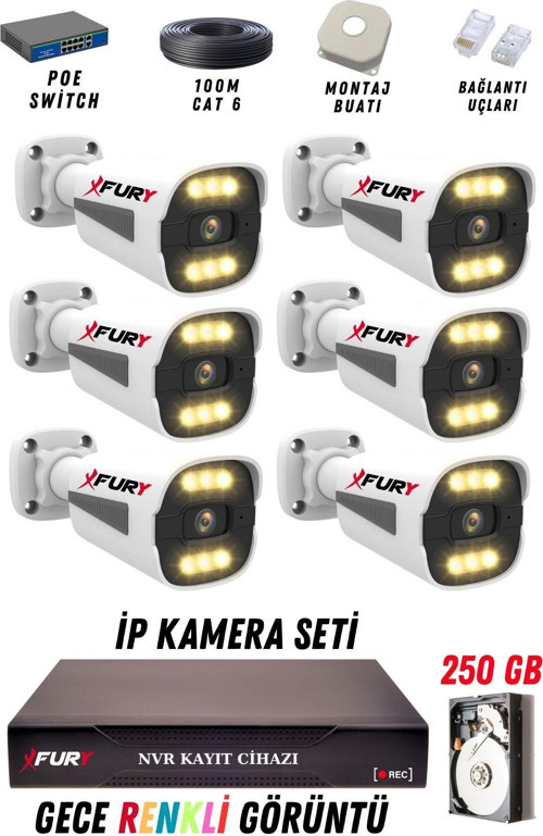 6 Kameralı Ip Güvenlik Kamerası Seti 4mp Gece Renkli Su Geçirmez 1506 250GB