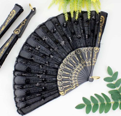 Plastik Pullu Kumaş Yelpaze 12'li Siyah