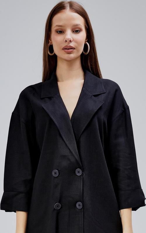 Siyah Oversize Yarım Kol Keten Takım
