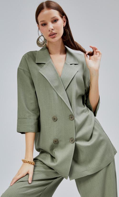 Haki Oversize Yarım Kol Keten Takım