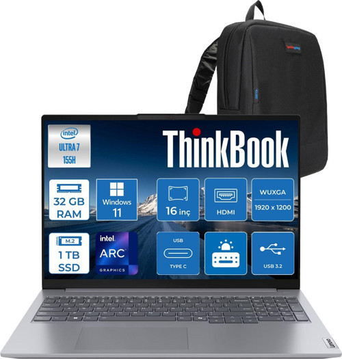 Thinkbook 16 G7 Iml Intel Ultra 7 155H 32GB Ddr5 1tb SSD Intel® Aı Boost 16" Wuxga 300NITS IPS Windows 11 Home Taşınabilir Bilgisayar 21MS008RTRH13 + Zetta Çanta
