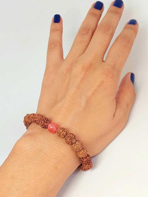 Gül Kuvars Taşlı Rudraksha Tohum Unisex Bileklik 8mm