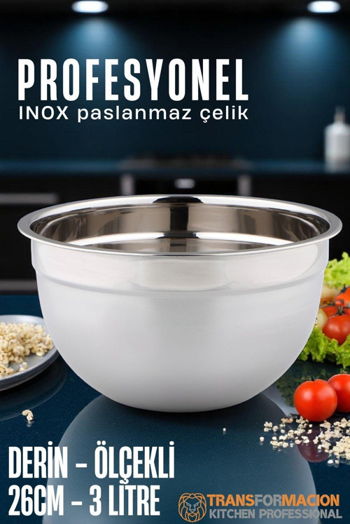 Ölçekli Derin Kase - 26 Cm. 3 Litre Karıştırma Kabı Profesyonel 304 Paslanmaz Çelik