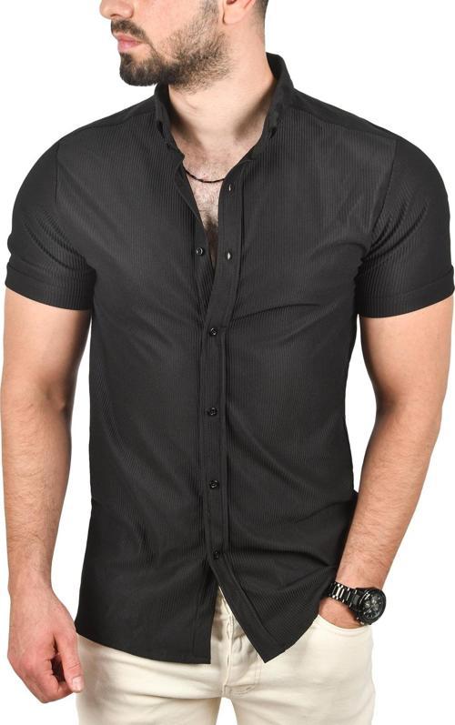 Erkek Siyah Slim Fit Likralı Spor Gömlek Dar Kesim Jakar Kumaş Kısa Kol Gömlek 2500804