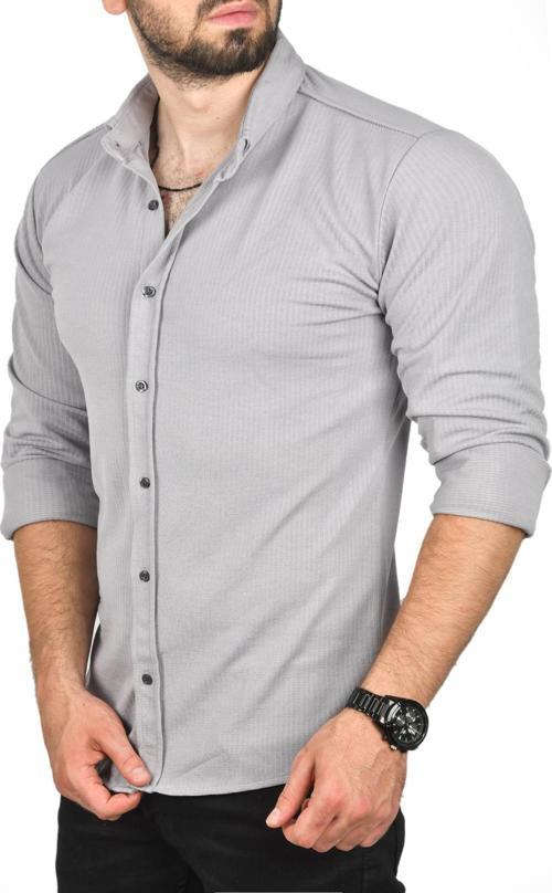 Erkek Gri Slim Fit Dar Kesim Pamuklu Spor Gömlek Jakar Kumaş Likralı Gömlek 2500552