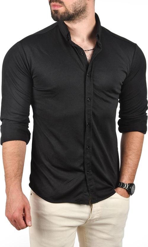 Erkek Siyah Slim Fit Dar Kesim Pamuklu Spor Gömlek Jakar Kumaş Likralı Gömlek 2500552