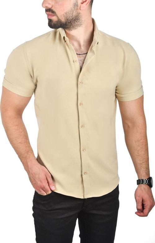 Erkek Bej Slim Fit Likralı Spor Gömlek Dar Kesim Kısa Kol Gömlek 2501315