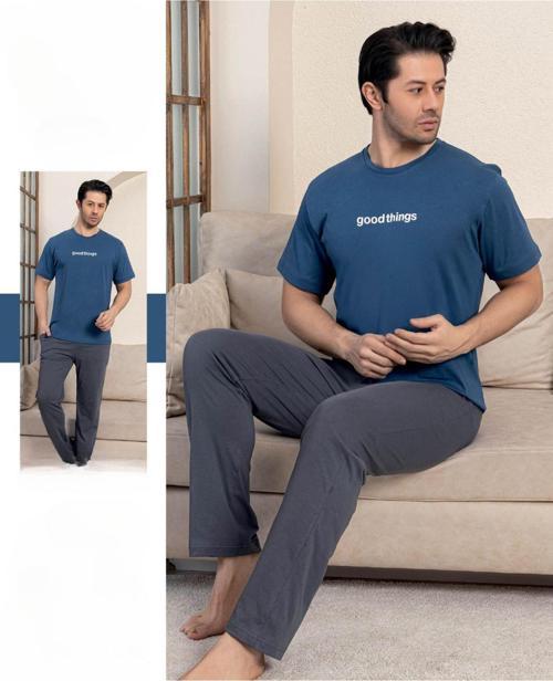 Erkek Bisiklet Yaka Kısa Kol Penye Pijama Takımı 5834 - 1 Adet