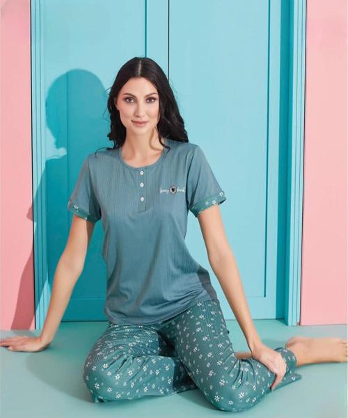 Kadın Viskoz Likralı Düğme Yaka Kaşkorse Patlı Kısa Kol Pijama Takımı 5520-4 / 1 Adet