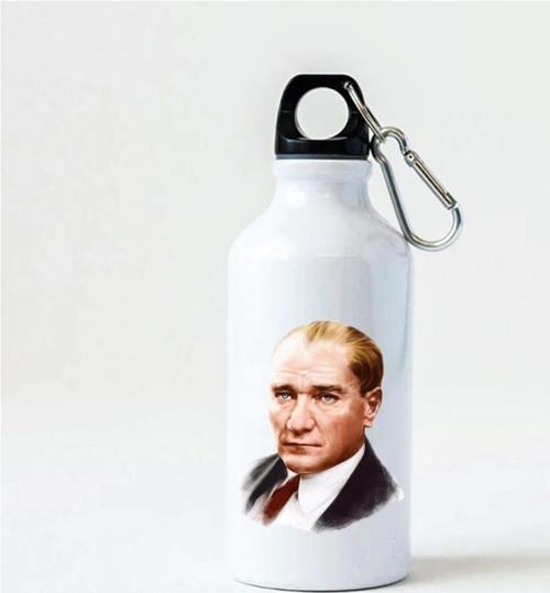 Kişiye Özel Atatürk Tasarımlı Kancalı Alüminyum Beyaz su matarası - 600mlt