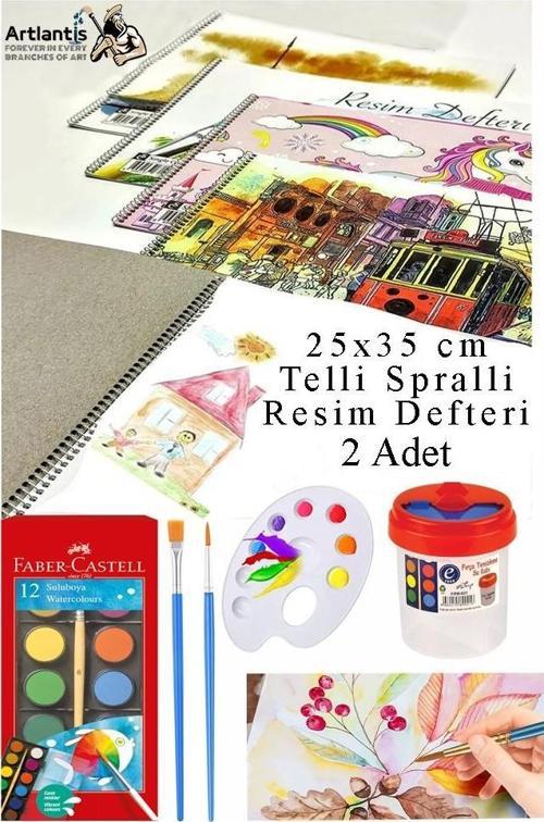 12 Renk Sulu Boya 25x35 cm Telli Spralli Resim Defteri Resim Paleti Resim Fırçası Temizleme Kabı Suluboya Okul Öğrenci