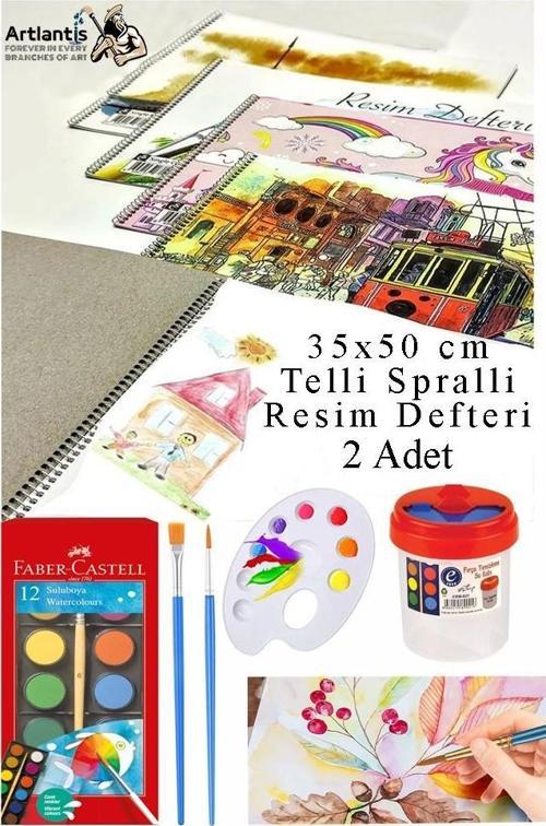 12 Renk Sulu Boya 35x50 cm Telli Spralli Resim Defteri Resim Paleti Resim Fırçası Temizleme Kabı Suluboya Okul Öğrenci