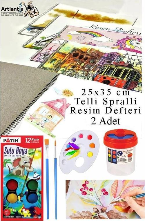 12 Renk Fatih Sulu Boya 25x35 cm Telli Spralli Resim Defteri Resim Paleti Resim Fırçası Temizleme Kabı Suluboya Okul