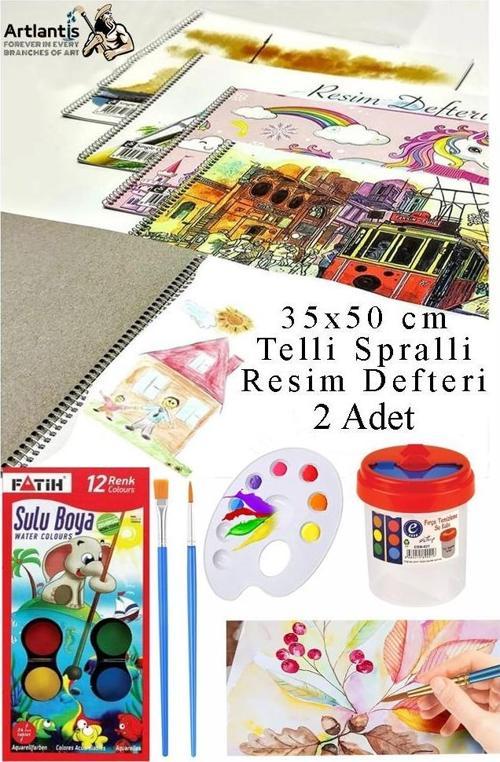 12 Renk Fatih Sulu Boya 35x50 cm Telli Spralli Resim Defteri Resim Paleti Resim Fırçası Temizleme Kabı Suluboya Okul